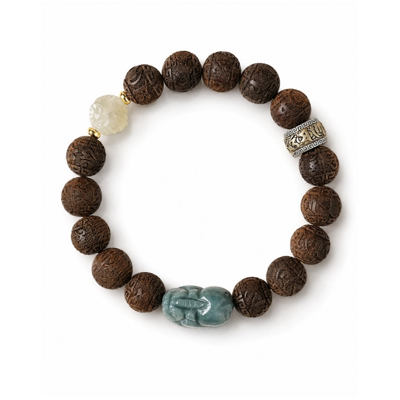 Eastern-inspired agarwood bracelet with Hetian jade and blue water jadeite