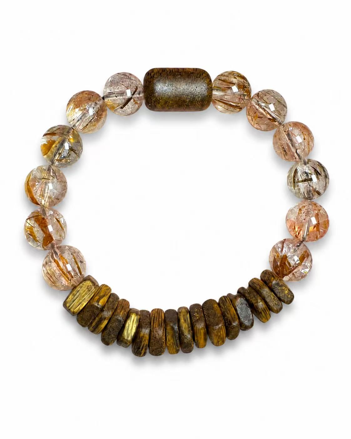 Handmade agarwood and Super Seven crystal bracelet with warm wood beads and golden crystal inclusions