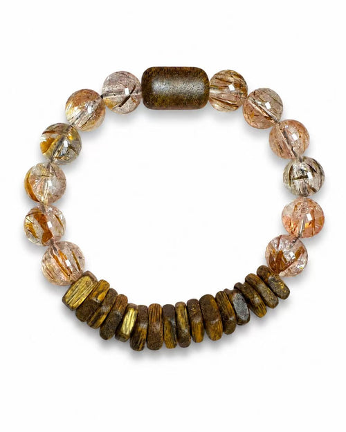 Handmade agarwood and Super Seven crystal bracelet with warm wood beads and golden crystal inclusions