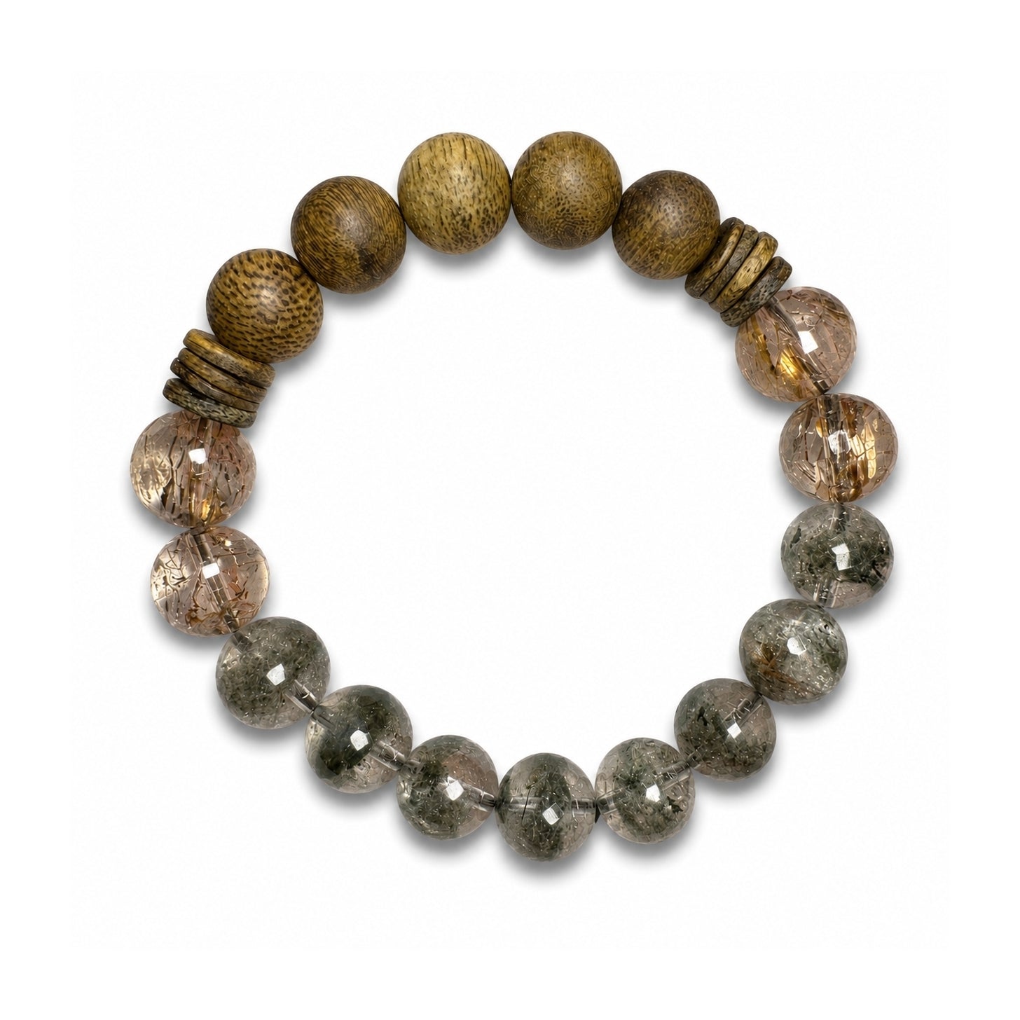 Agarwood and crystal bracelet made with Kynam agarwood, Super Seven crystal, and Green Phantom crystal