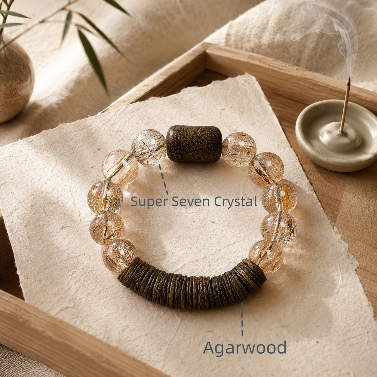 Exclusive Agarwood and Super Seven Crystal bracelet with warm wood texture and golden crystal inclusions