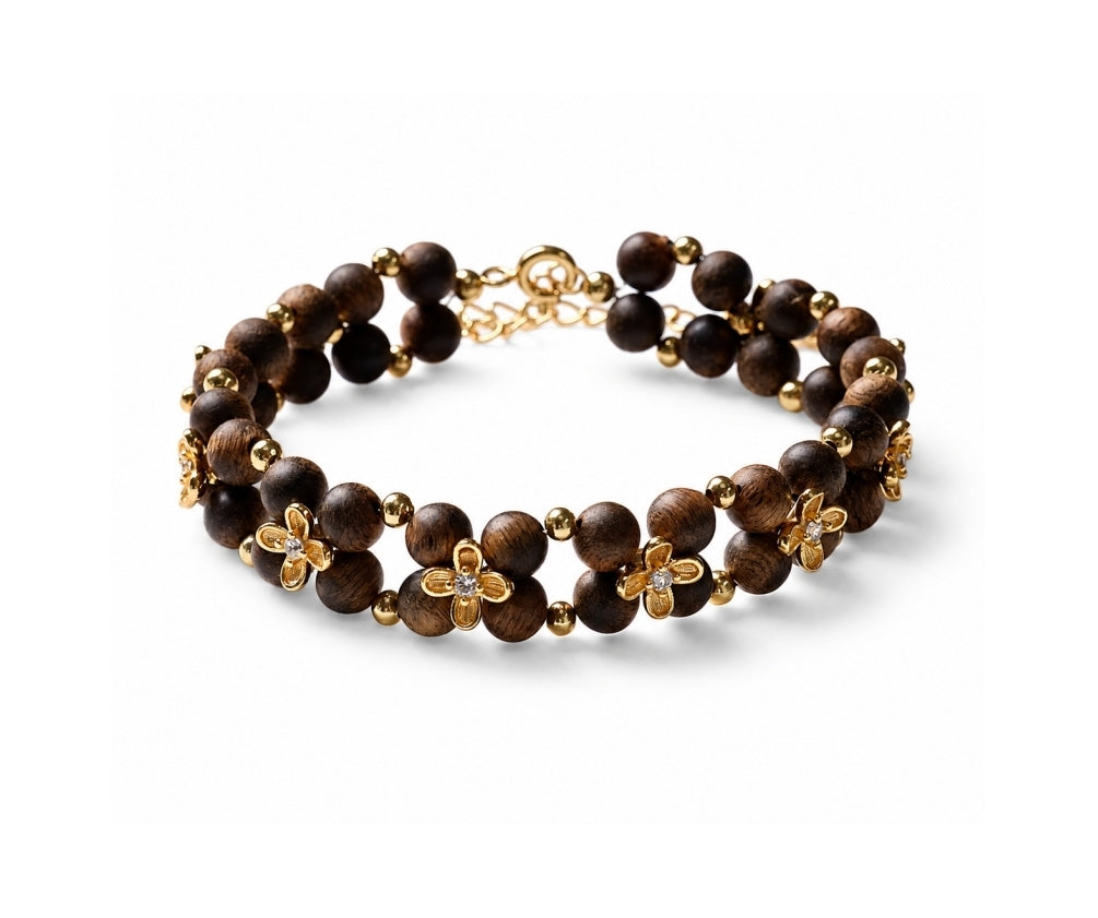 Golden Blossom Agarwood bracelet for women with floral details