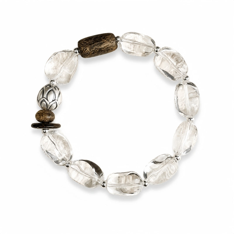 Clear quartz bracelet for women with Agarwood and S925 sterling silver lotus detail