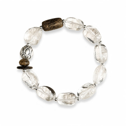 Clear quartz bracelet for women with Agarwood and S925 sterling silver lotus detail