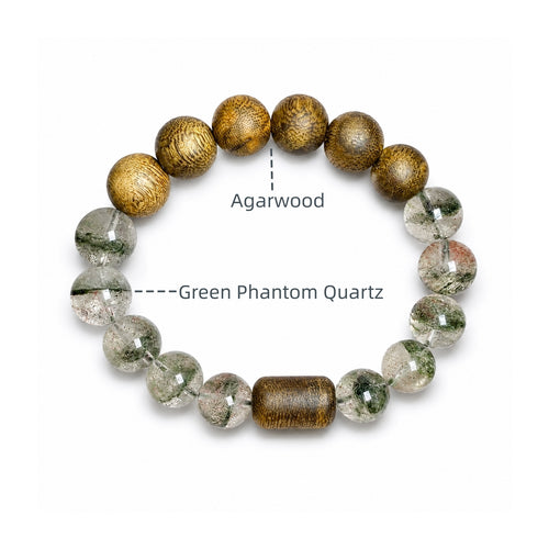 Agarwood and Green Phantom Quartz materials used in the Verdant Balance bracelet