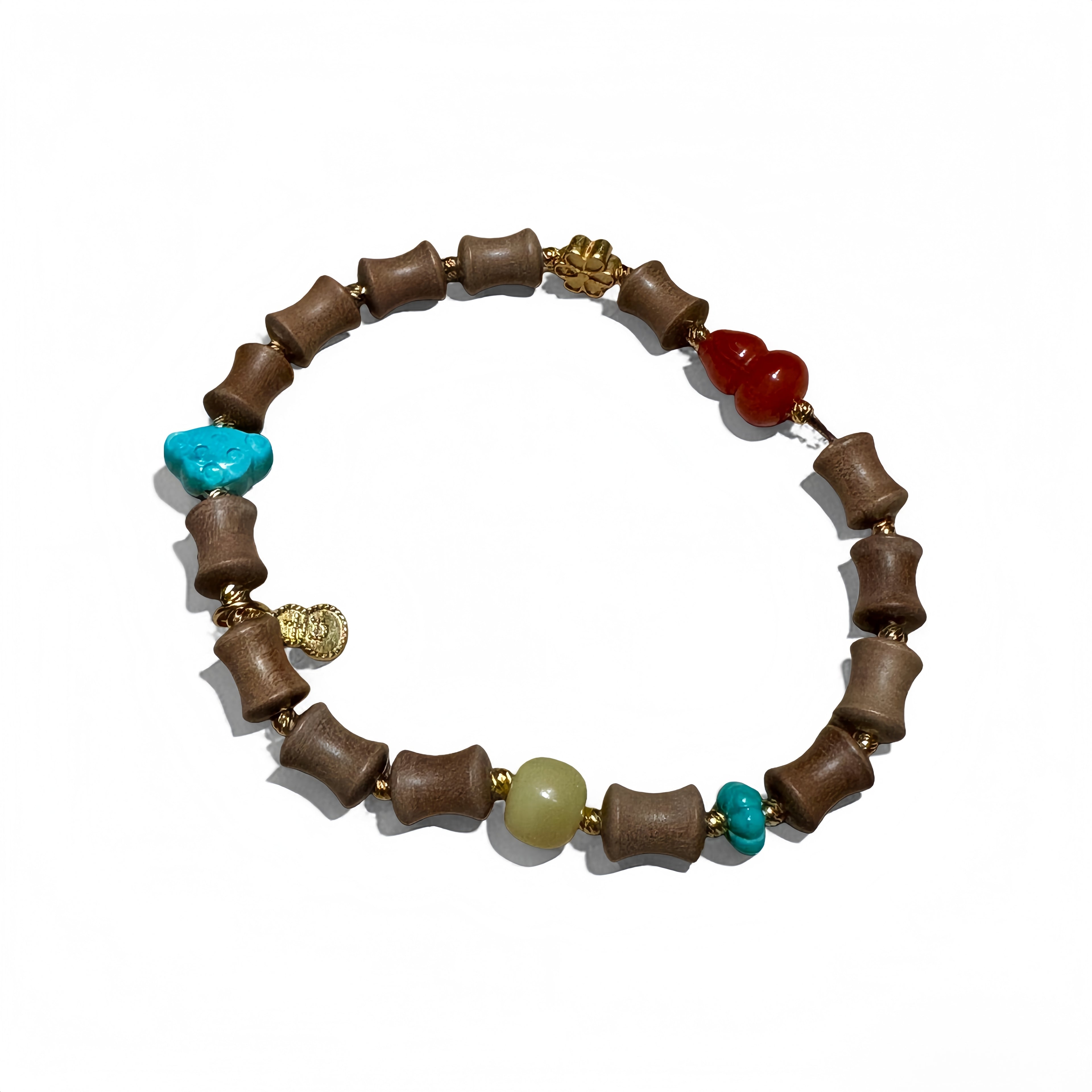 One of a kind sandalwood bracelet with turquoise, amber, and Hetian jade